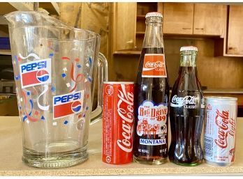 Vintage Coke And Pepsi Bottles And Pitcher (only Glass Bottles Are Full)