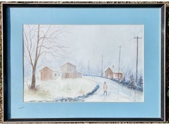 Original Watercolor Of Man Walking Down The Road By Artist Mabel Kurtz From Powell, Wyoming