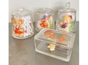 Glass Vanity Containers With Adorable Painted Bears, (One Lid Has Chip), Over 50 Years Old!