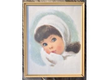 Vintage Print Of Girl With Mittens In The Snow, Framed