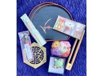 Lot Of Japanese Trinkets, Toys And More Including Enamel Ware Trays, Pin Cushion, Brass Trivet And More