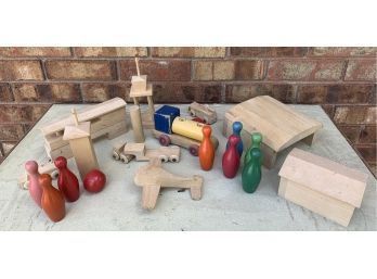 Vintage Wood Toys Inc. Pins, Train, Airplane And Blocks