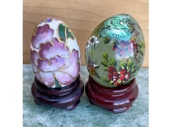 (2) Japanese Eggs On Stands, Hand-painted Stone And Cloisonn With Flowers And Gilt