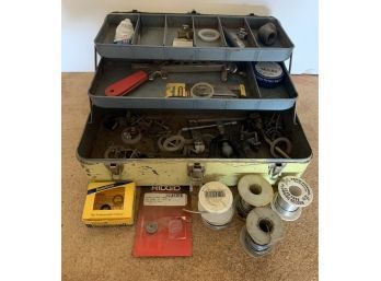 Vintage Yellow Toolbox W Solder And Other Misc Tools And Parts
