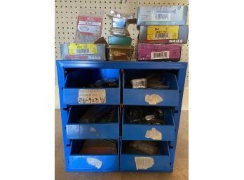 Metal Storage Bin With Slide Out Shelves And Box Of Screws