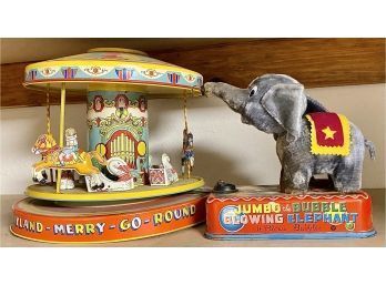 Vintage Tin Toys: Jumbo The Bubble Blowing Elephant And A Merry Go Round