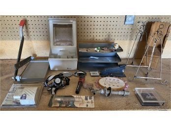 Misc Garage Finds Incl. Odds And Ends Incl. Easels, Plug In Extend A Bell, Stapler, Head Lamp And More