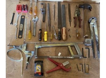 Assortment Of Tools Including A Hammer, Screw Drivers, Hand Saw And More