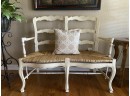Lovely French Country Bench With Antique White Finish & Woven Rush Seat
