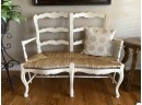 Lovely French Country Bench With Antique White Finish & Woven Rush Seat