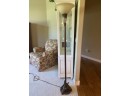 Torchiere Style Floor Lamp In Browns & Golds With Amber Shade & Acanthus Leaf Base