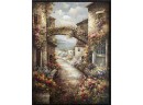 Lovely! Large Mediterranean Countryside Oil Painting On Canvas With Heavy Wooden Frame