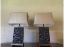 Pair Of Two Molded Lamps With Scroll-Work Design And Bronze-Toned Finish