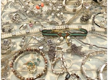 Gorgeous Collection Of Costume Jewelry On Decorative Tray- 27 Pieces Total
