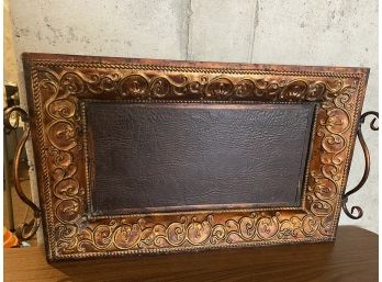Decorative Tuscan Style Tray With Swivel Handles And Faux Leather Base