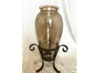 Decorative Smoked Glass Vase With Three-Legged Metal Stand