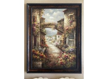 Lovely! Large Mediterranean Countryside Oil Painting On Canvas With Heavy Wooden Frame