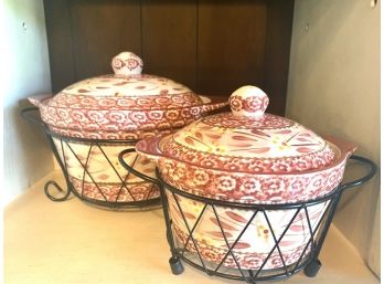 Set Of 2 Tuscan Lidded Casserole Dishes In Serving Baskets