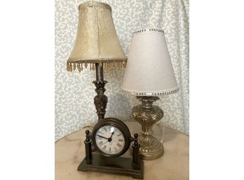 Two Miniature Lamps With Shades And One Decorative Desk Clock