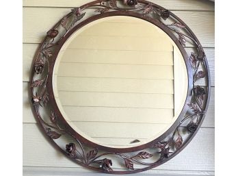 Heavy Round Beveled Glass Mirror With Wrought Iron Vines & Roses