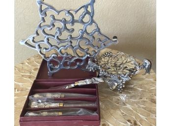 Compatible Grouping Of Silver-toned Serving Pieces Including Ornate Soap Dish