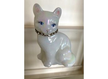Beautiful Fenton Glass Iridescent Cat With Rhinestone Collar
