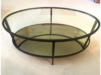 Oval Wrought Iron Glass-Topped Coffee Table With Mercury Glass Shelving