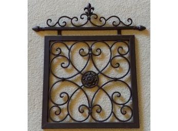Wrought Iron Scrolled Wall Hanging With Center Flower Medallion. 20” X 22”