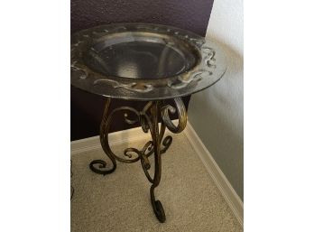 Beautiful Iridescent Plant Stand Or Side Table With Smoked Glass Insert & Scrollwork Base