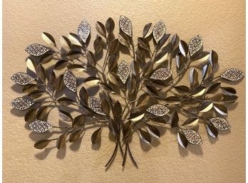 Decorative Metal Olive Branch Wall Hanging With Antique Brass Tone & Mosaic Glass Leaves