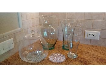Etched Crystal Lidded Jar, 3 Glass Vases, 1 Clear And Two Tinted Green And 1 Flower Arranger