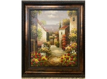 Lovely Mediterranean Seaside Oil On Canvas With Roses & Cobblestone Walkway