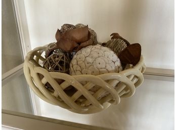 Lattice Woven Cream Porcelain Dish With Decorative Autumn-Toned Balls