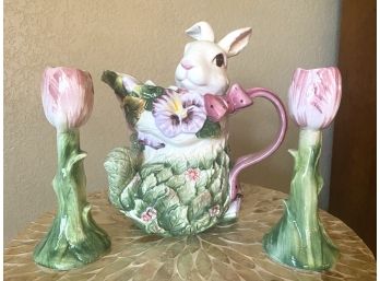 Lovely Collection Of Easter Decor Including Rabbit Pitcher & Italian Tulip Candle Holders