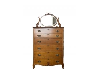 American Quartersawn Tiger Oak High-Boy Chest Of Drawers With Beveled Oval Vanity Mirror
