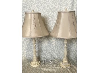 Two Painted Wood Lamps In Antique White Color With Duprioni Silk Shades