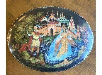 Midnight Blue Oval Lidded Russian Trinket Box With Hand Painted Scene