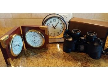 Assortment Of 3 Pcs: Temperature And Barometer Gauges Set In Wood Frame, Contemporary Battery Operated Clock,