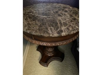 Beautiful & Heavy Marble Topped Mahogany Drum Table With Repeating Leaf Motif