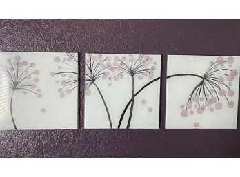 Collection Of Three Purple & Ivory Hued Hanging Glass Art Pieces, Signed