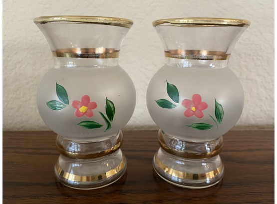 Pair Of Beautiful Hand Painted Glass Small Candleholders