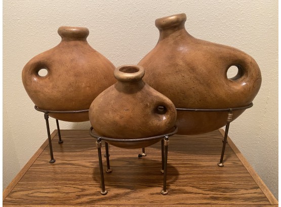 Beautiful Lot Of 3 Vases With Metal Bases