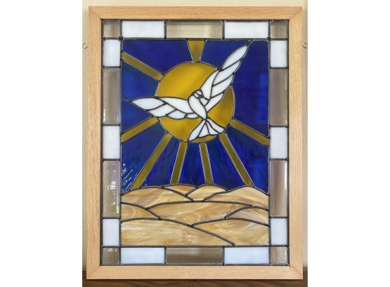 Stained Glass Window Mounted In Wood Frame