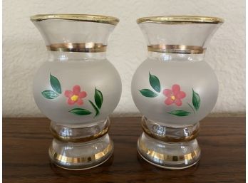 Pair Of Beautiful Hand Painted Glass Small Candleholders