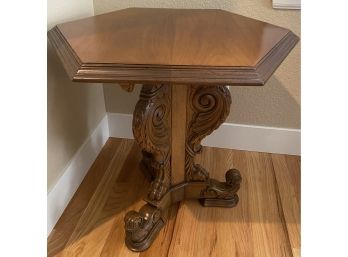 Antique Hexagon Shaped Wood Side Table With Bird Pedestal Leg Carvings
