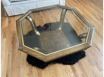 Octagon Wood Coffee Table With Small Faux Fur Rug
