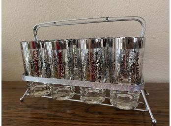 Mid Century Signed Coat Of Arms Highball Glassware And Caddy Set