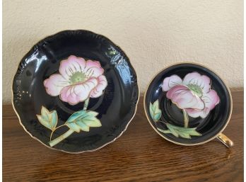 Beautiful Hand Painted Black With Floral Accents Cup And Saucer Set- Made In Japan