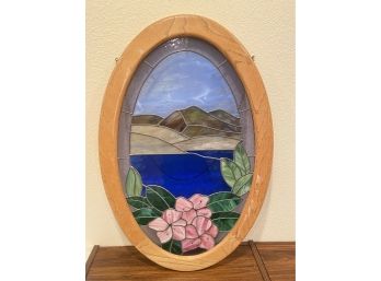 Oval Stained Glass Window Mountains And Flowers