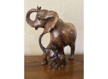 Wood Carved Elephant With Calf Figurine